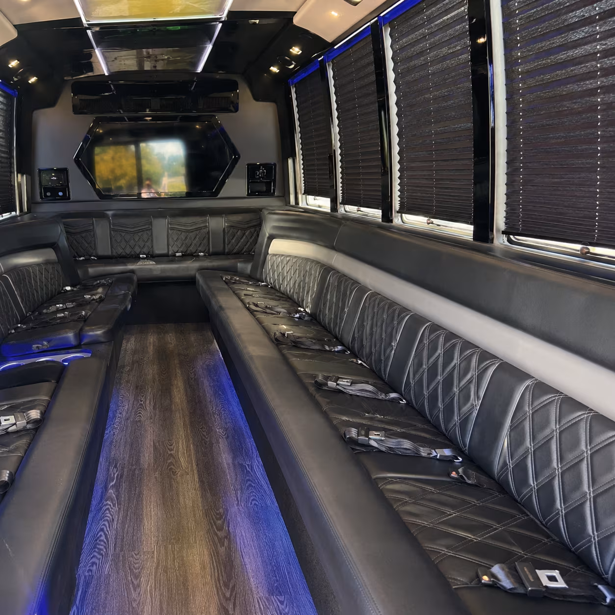 Passenger seating aboard a party bus rental serving Lakewood